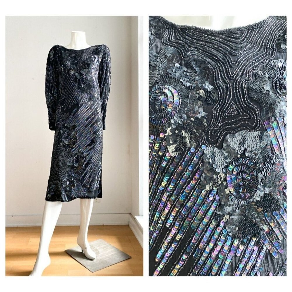 Vintage Silk Fully Beaded Geometric Floral Print Tunic  Dress S